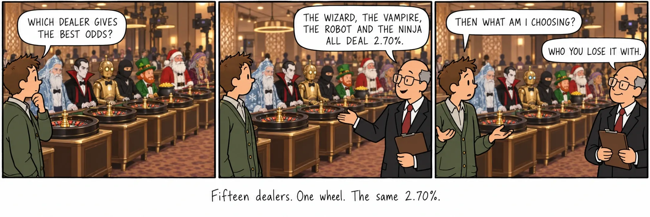 十五名荷官。一台轮盘。同样的2.70%。